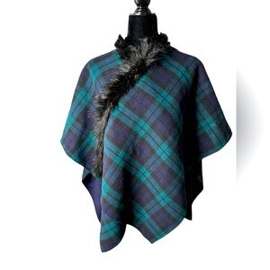 Talbots Womens Scottish Black Watch Plaid Faux Fur Collar Shrug sz XS- S